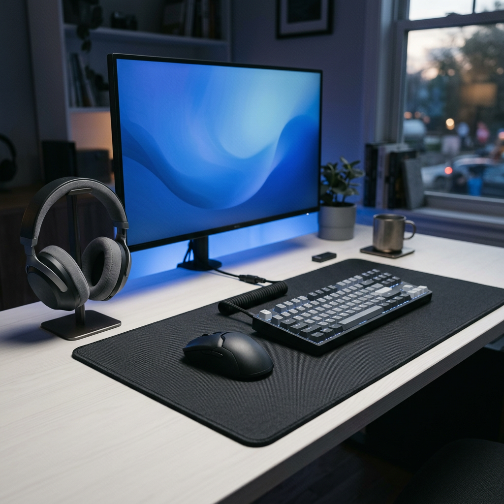 Ready for every session, a refined gaming setup with subtle blue lighting