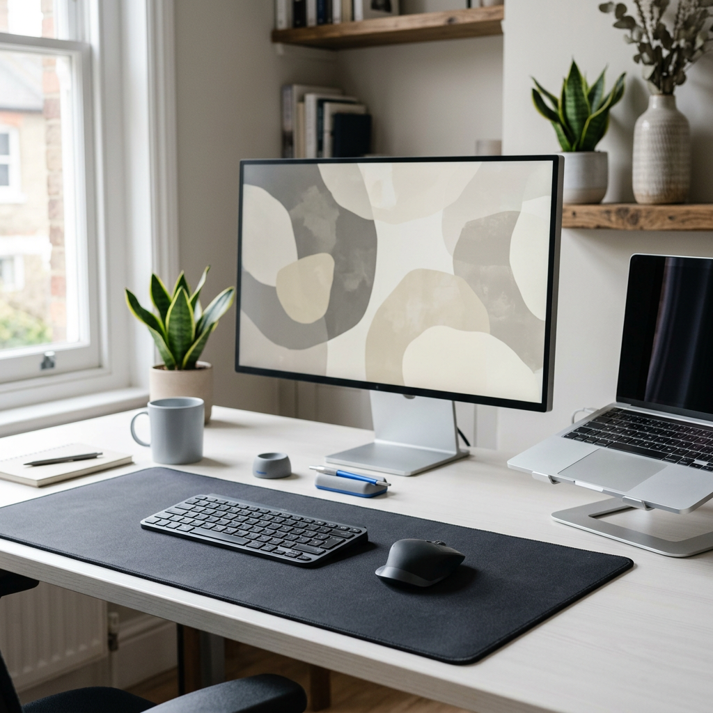 The focused workspace, a calm remote-work desk with a graphite mouse pad
